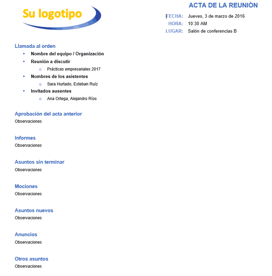 formato acta reunion de trabajo