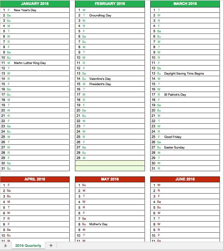 Quarterly Calendar Template Excel