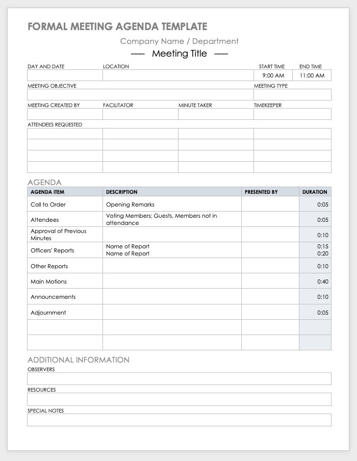 Formal Meeting Agenda Template