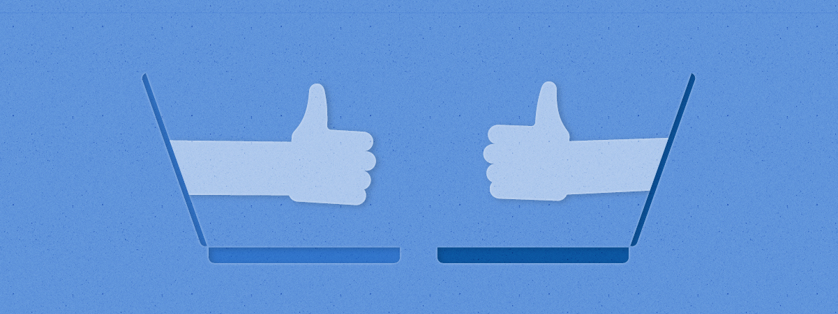 Illustration: Two hands giving thumps-up emerge from laptop screens