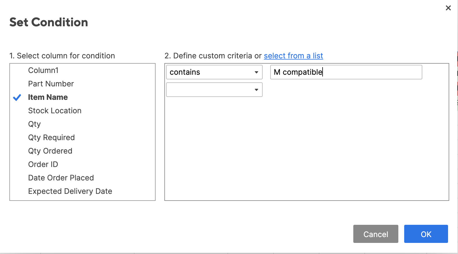 Set Item Name Conditional Formatting