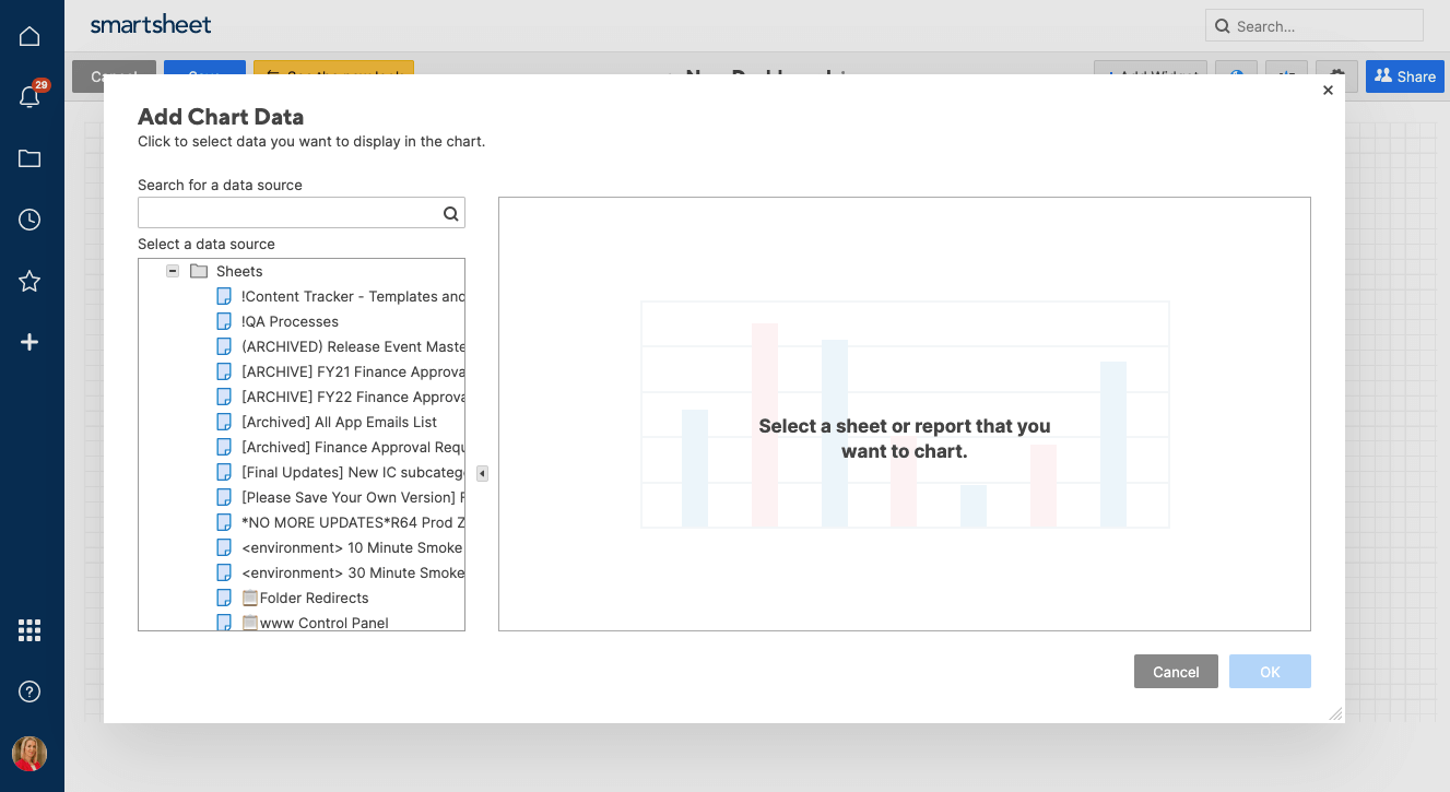 Select sheet or report for chart in Smartsheet