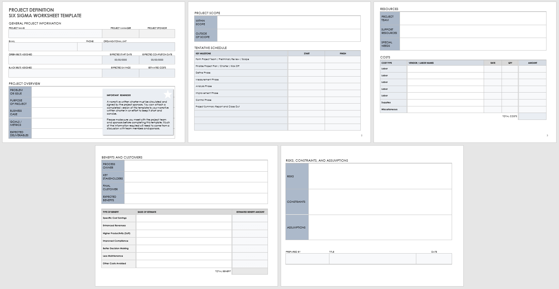 Project Definition Six Sigma Worksheet Template