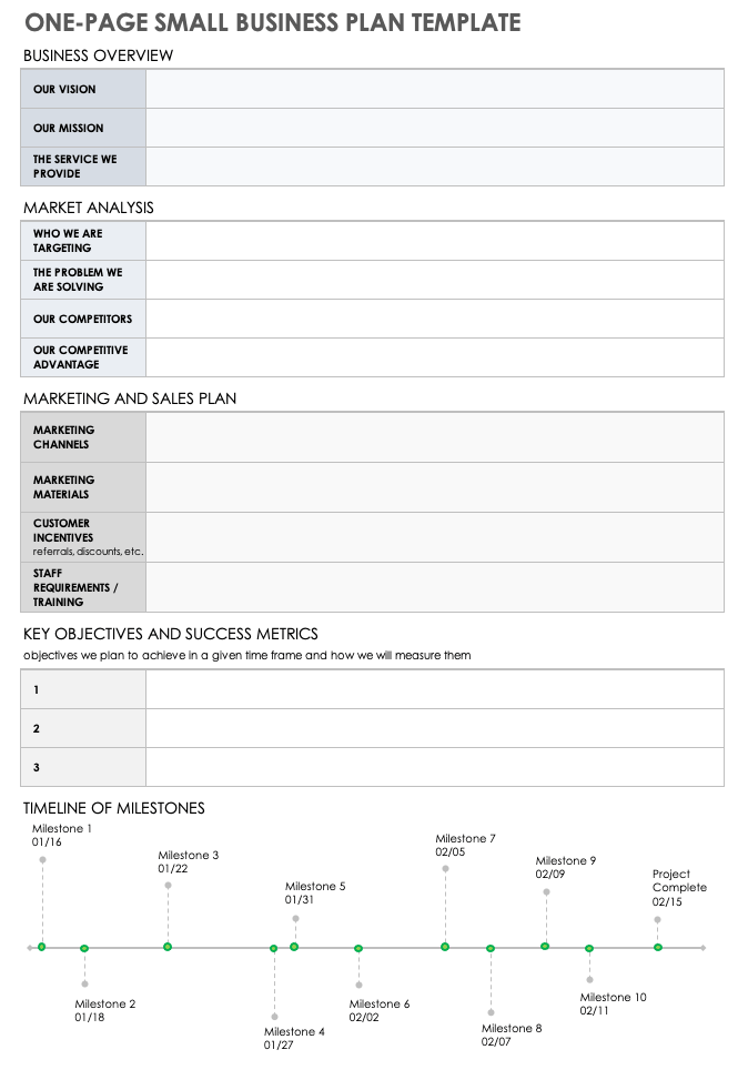 One Page Small Business Plan Template