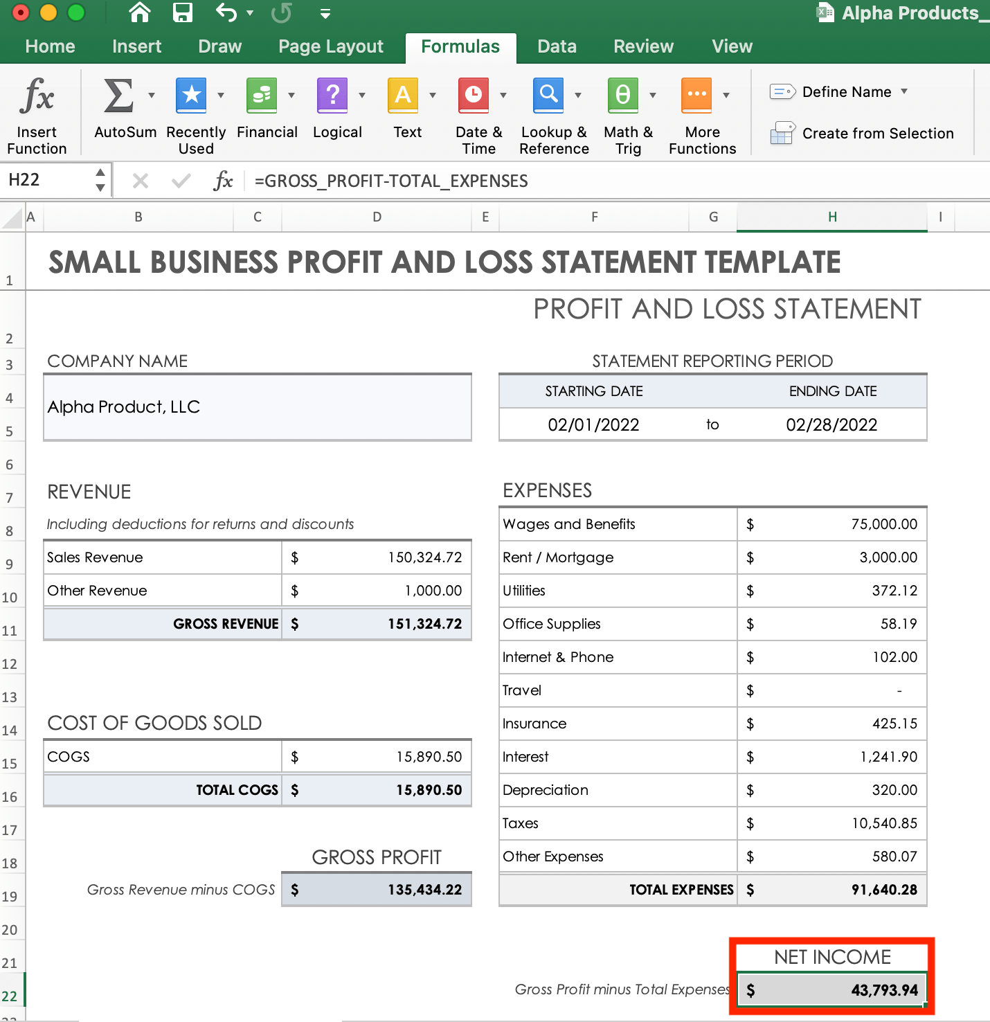Net Income Profit and Loss Statement