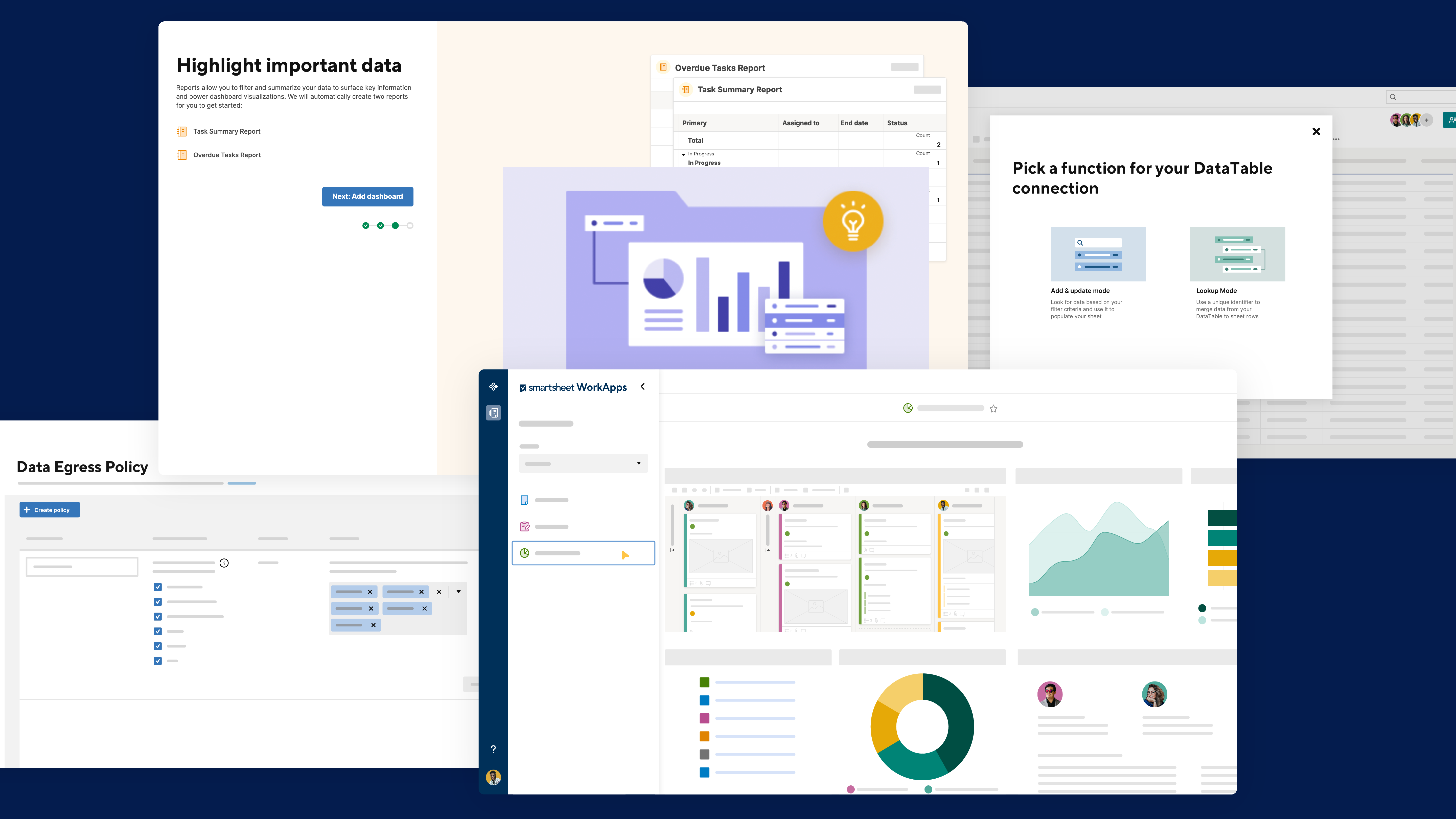 Four product screenshots on top of dark blue background
