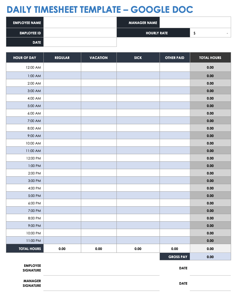 Daily Timesheet Google Doc Template 