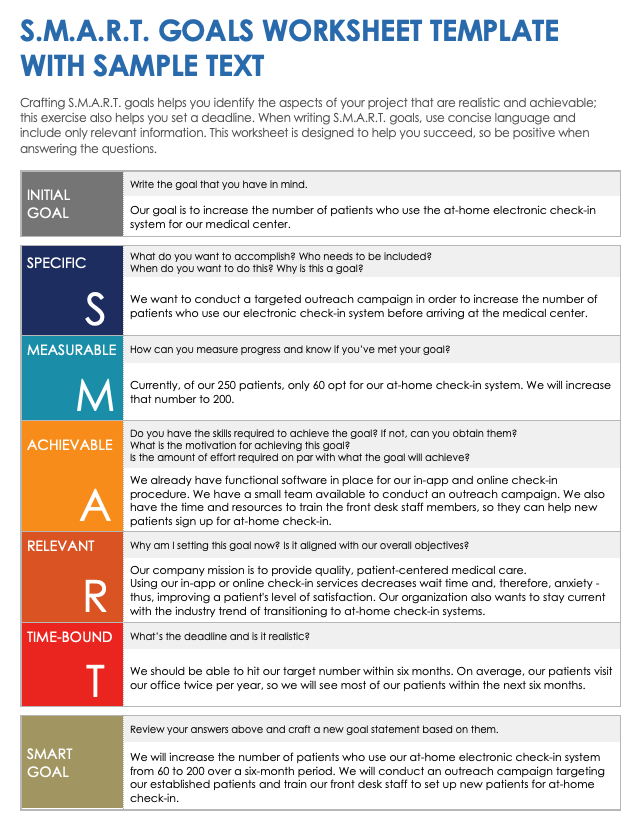 SMART Goals Worksheet Template with Sample Text