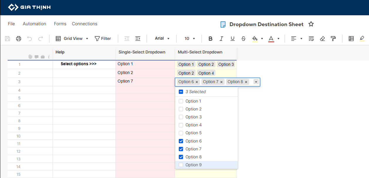 Destination sheet columns