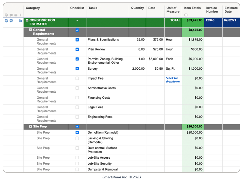 smartsheet construction estimator template image