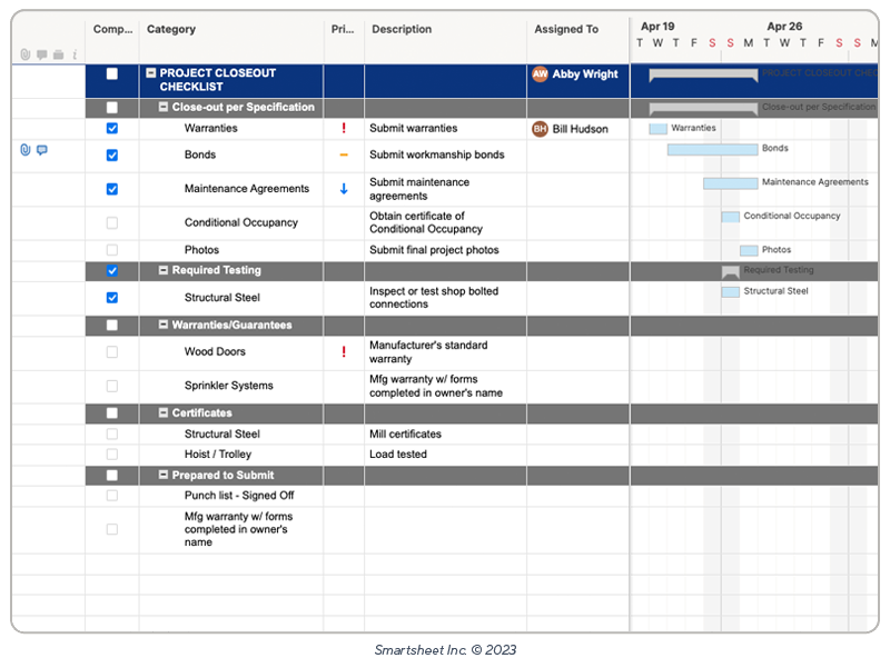 Smartsheet construction project punchlist checklist template image