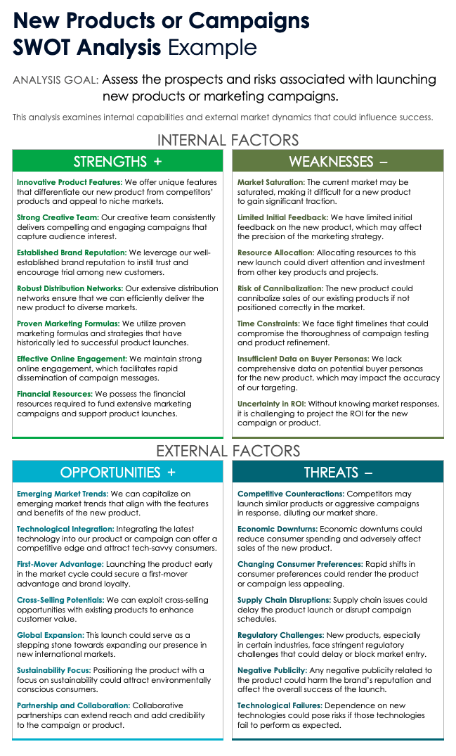 New Products or Campaigns SWOT Analysis Example