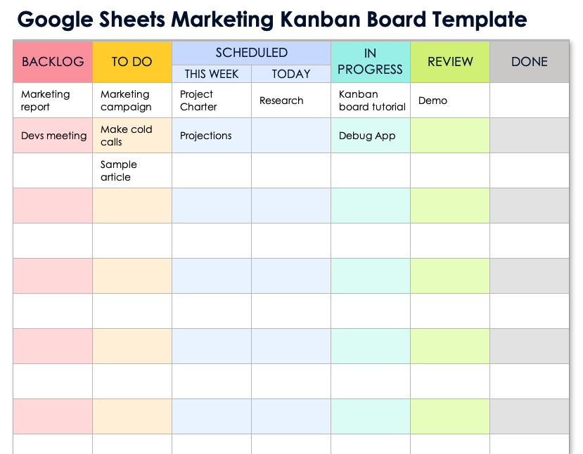 Google Sheets Marketing Kanban Board Template