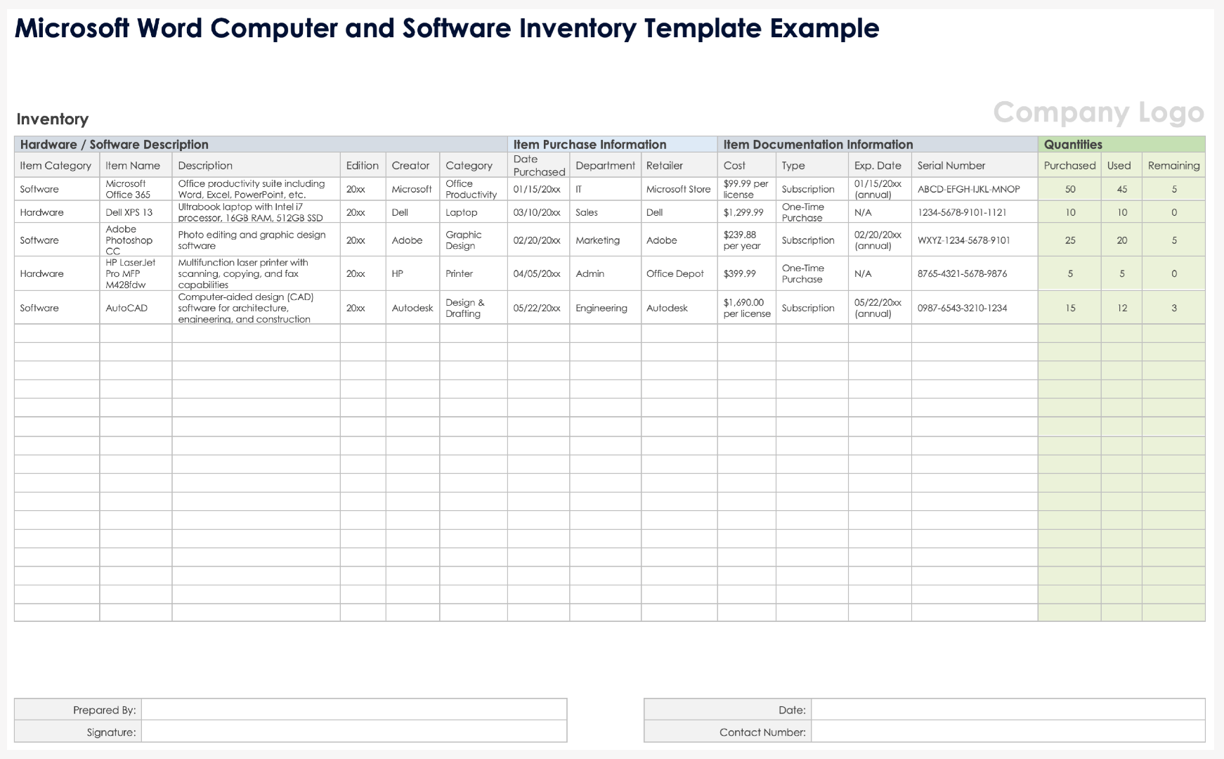 Microsoft Word Computer and Software Inventory Template Example