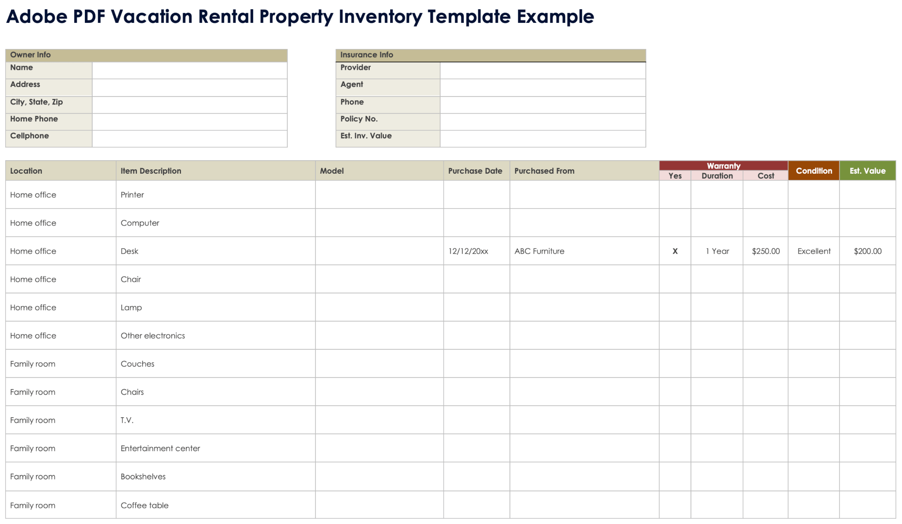 Adobe PDF Vacation Rental Property Inventory Template