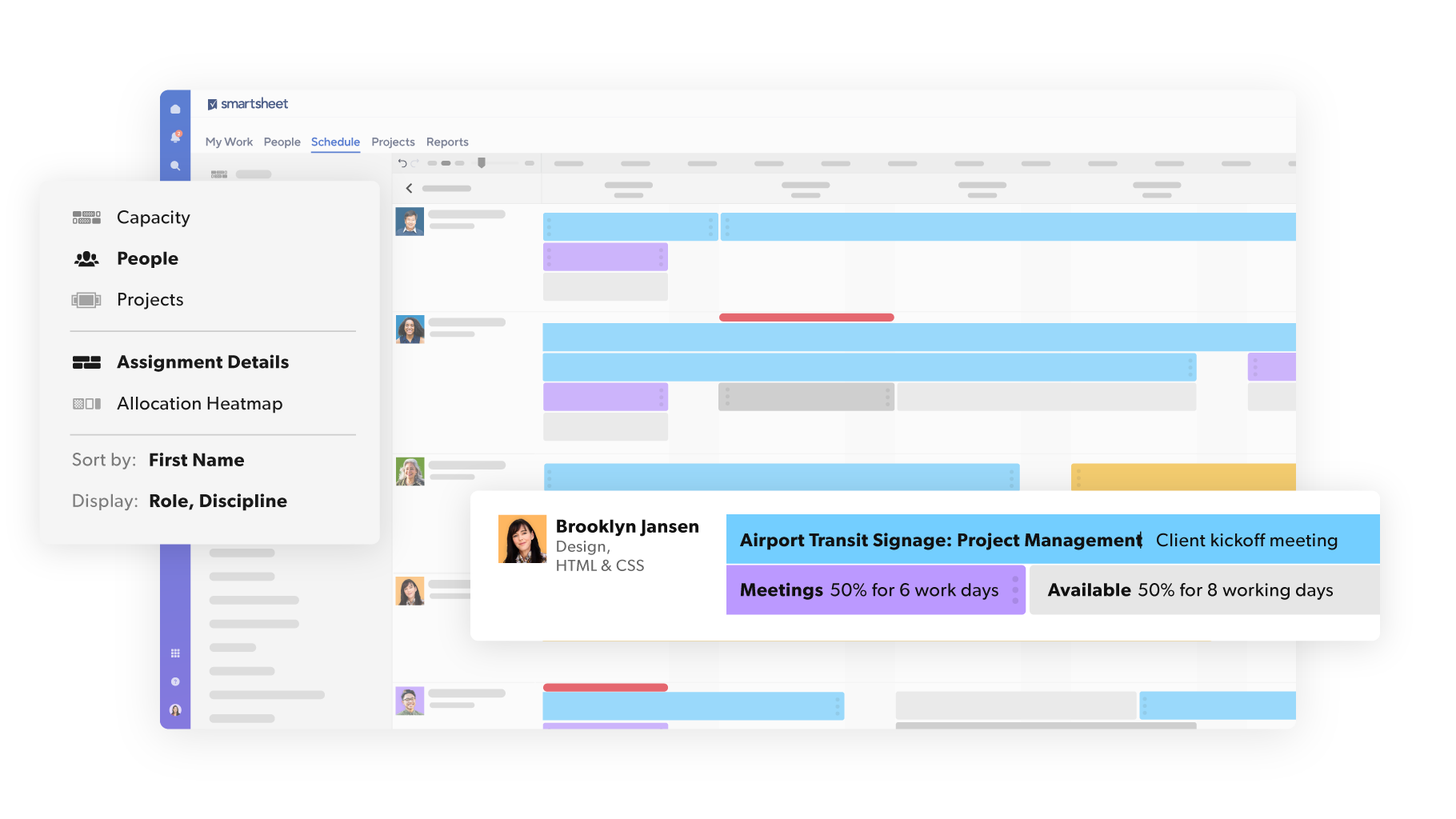 Resource Management directly in Smartsheet, with project assignments, availability details, and allocation heatmaps, allowing users to track team capacity and schedule tasks efficiently.