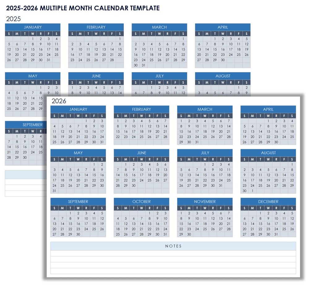 2025-2026 Multiple Month Calendar Template