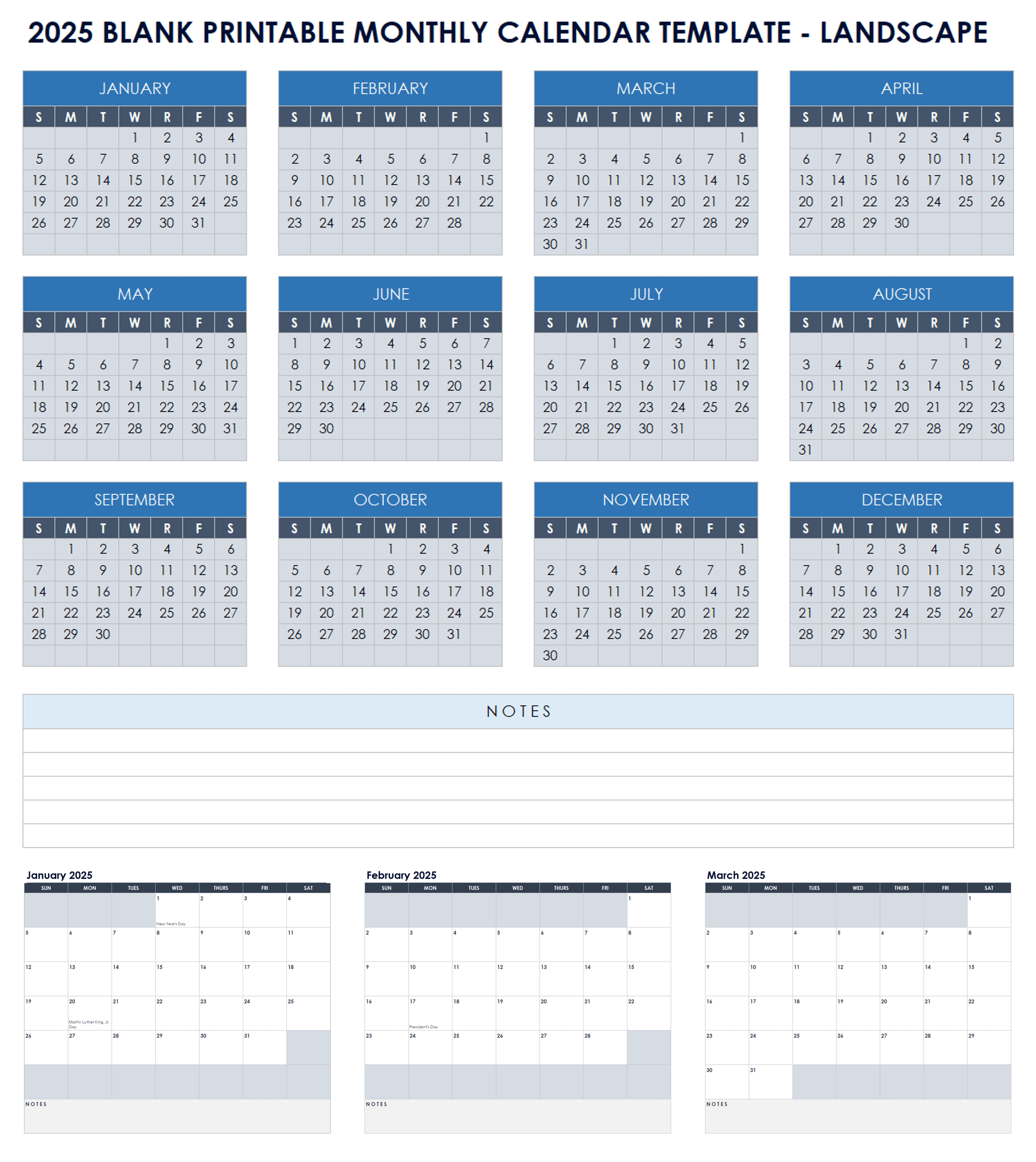 2025 Blank Printable Monthly Calendar Template Landscape