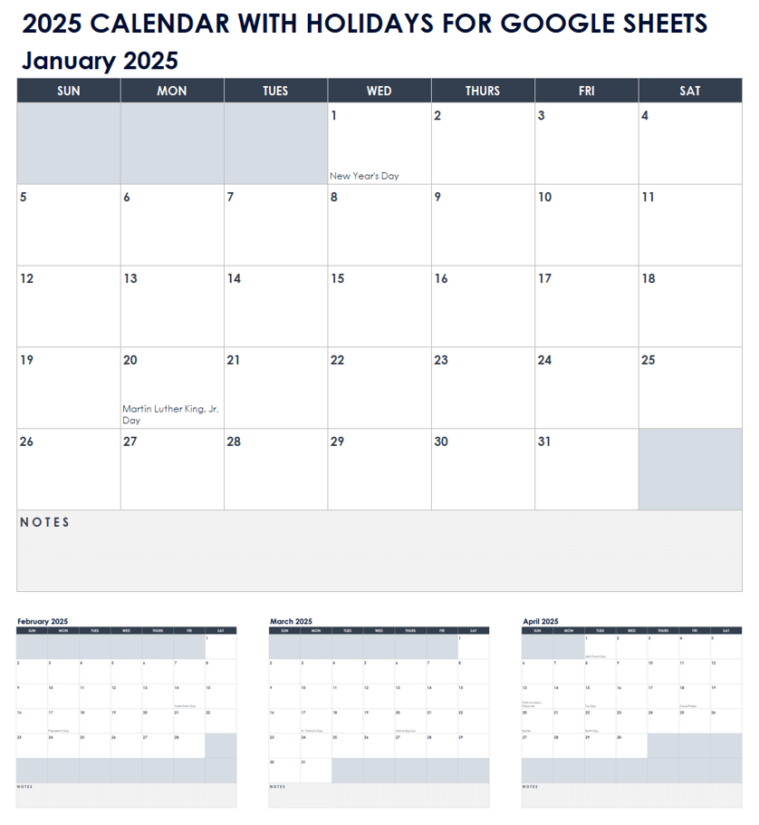 2025 Calendar with Holidays for Google Sheets