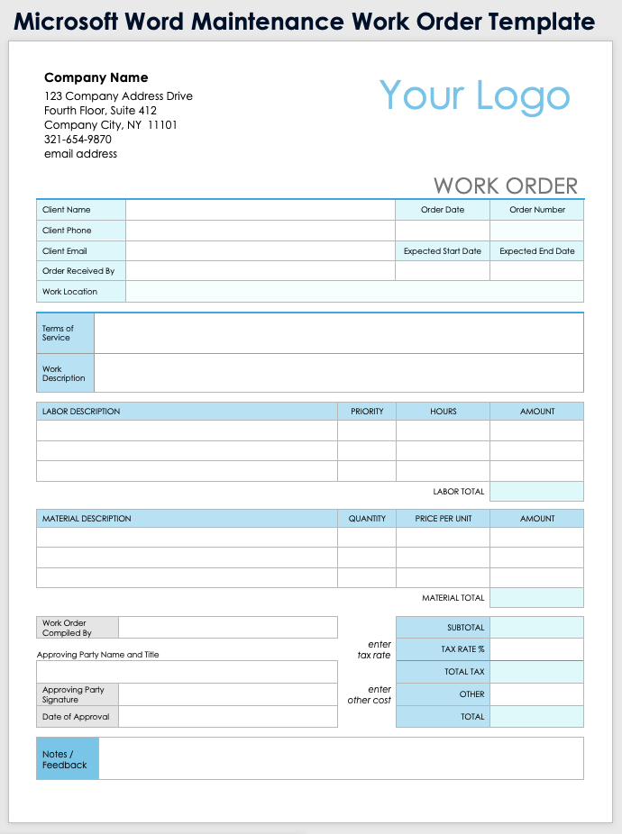 Microsoft Word Maintenance Work Order Template