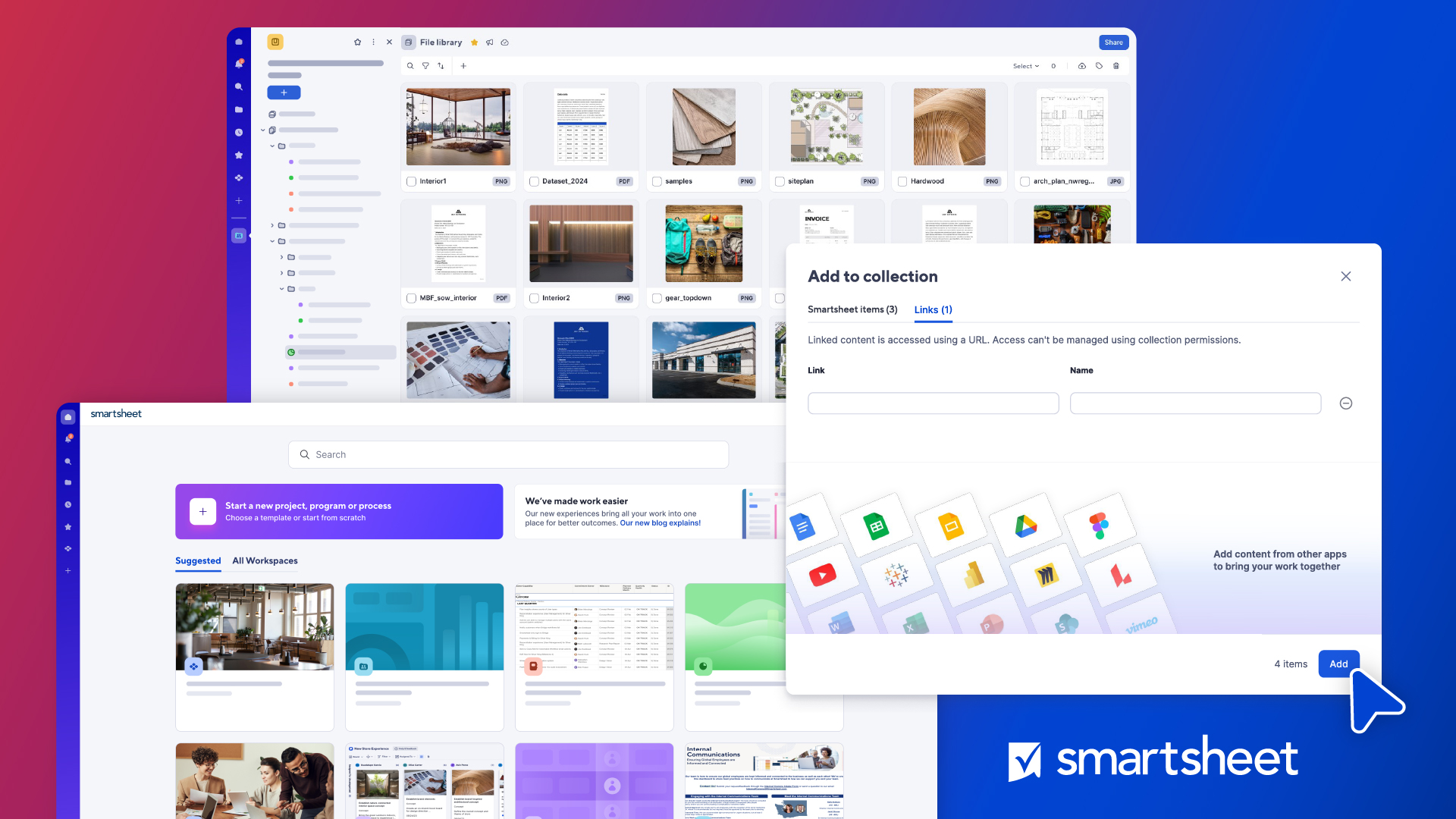 Smartsheet home, collections, and file library on a red and blue background