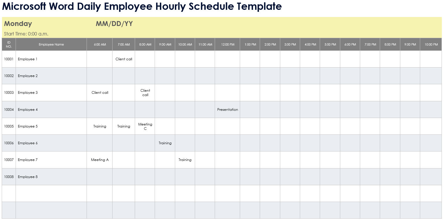 Microsoft Word Daily Employee Hourly Schedule Template