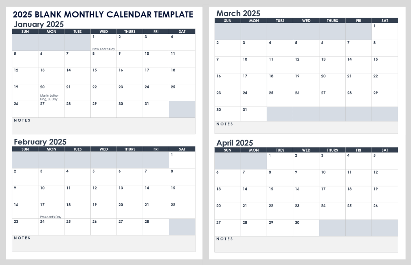 2025 Blank Monthly Calendar Template