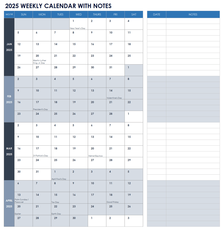 2025 Weekly Calendar with Notes