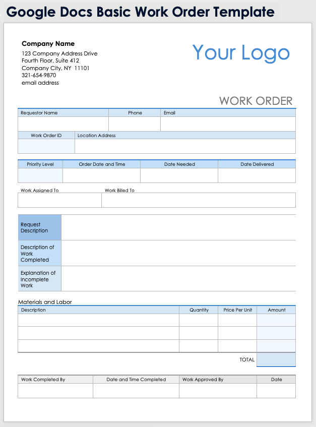 Google Docs Basic Work Order Template