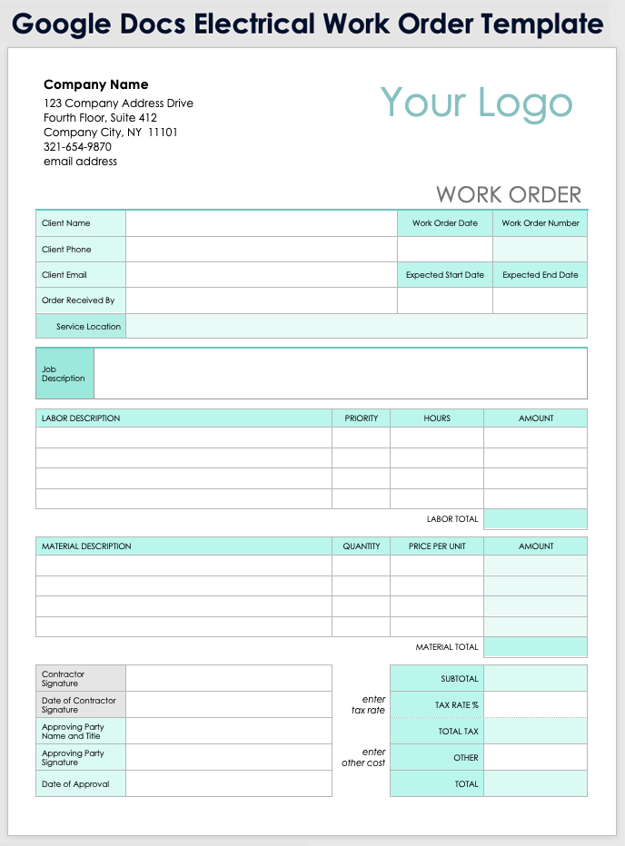 Google Docs Electrical Work Order Template