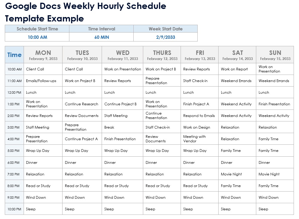 Google Docs Weekly Hourly Schedule Template