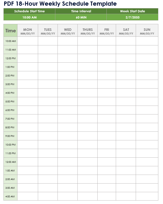 PDF 18 Hour Weekly Schedule Template