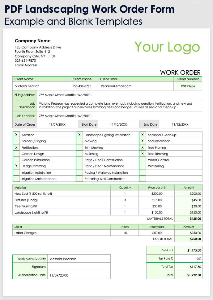 Landscaping Work Order Template