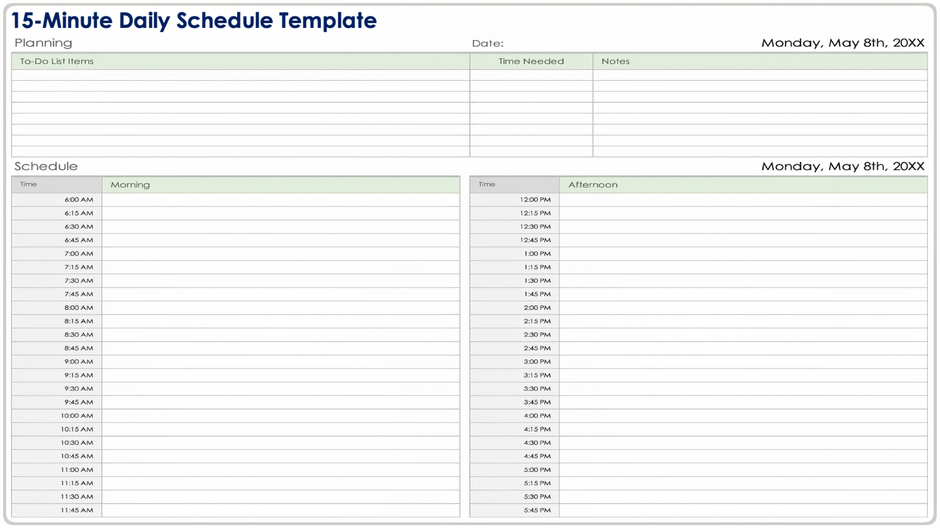 15 Minute Daily Schedule Template