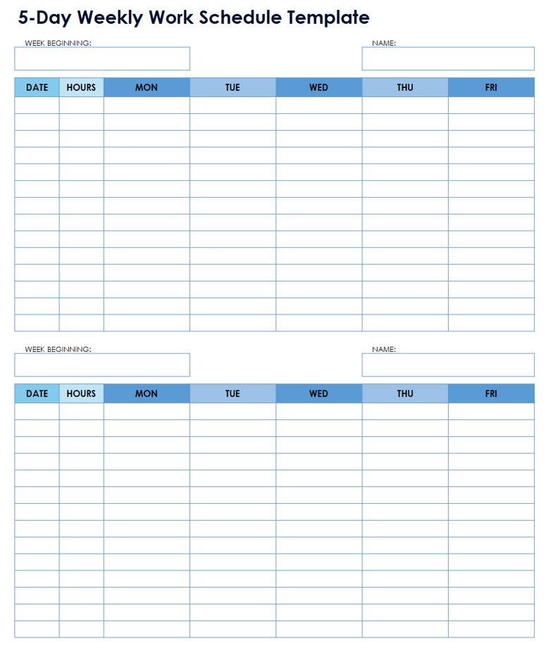 5-Day Weekly Work Schedule Template With Two On Page For Excel