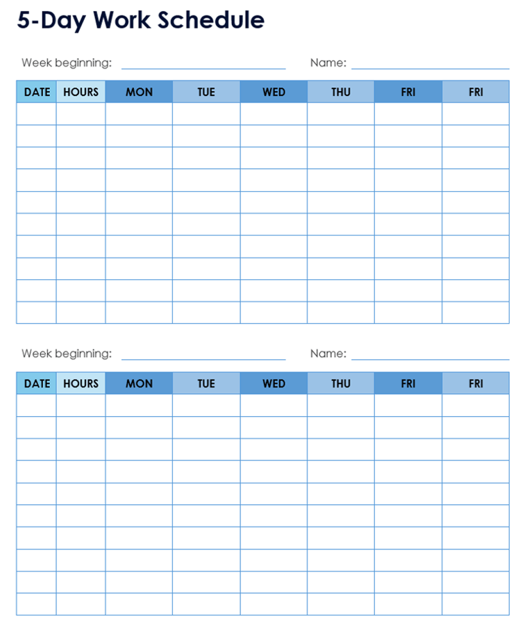 5-Day Work Schedule Two On One Page