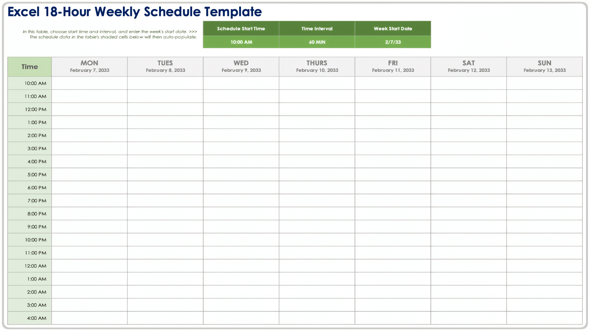 Excel 18 Hour Weekly Schedule Template