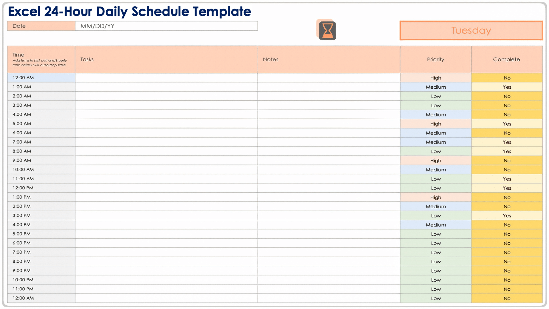 Excel 24 Hour Daily Schedule Template