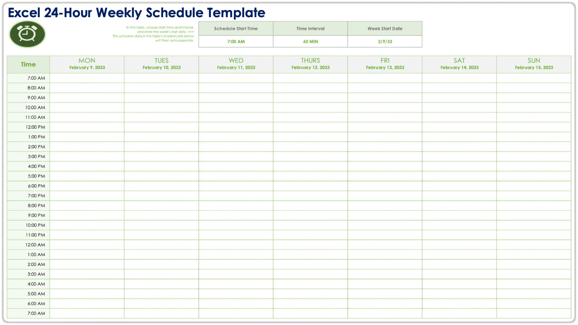 Excel 24 Hour Weekly Schedule Template