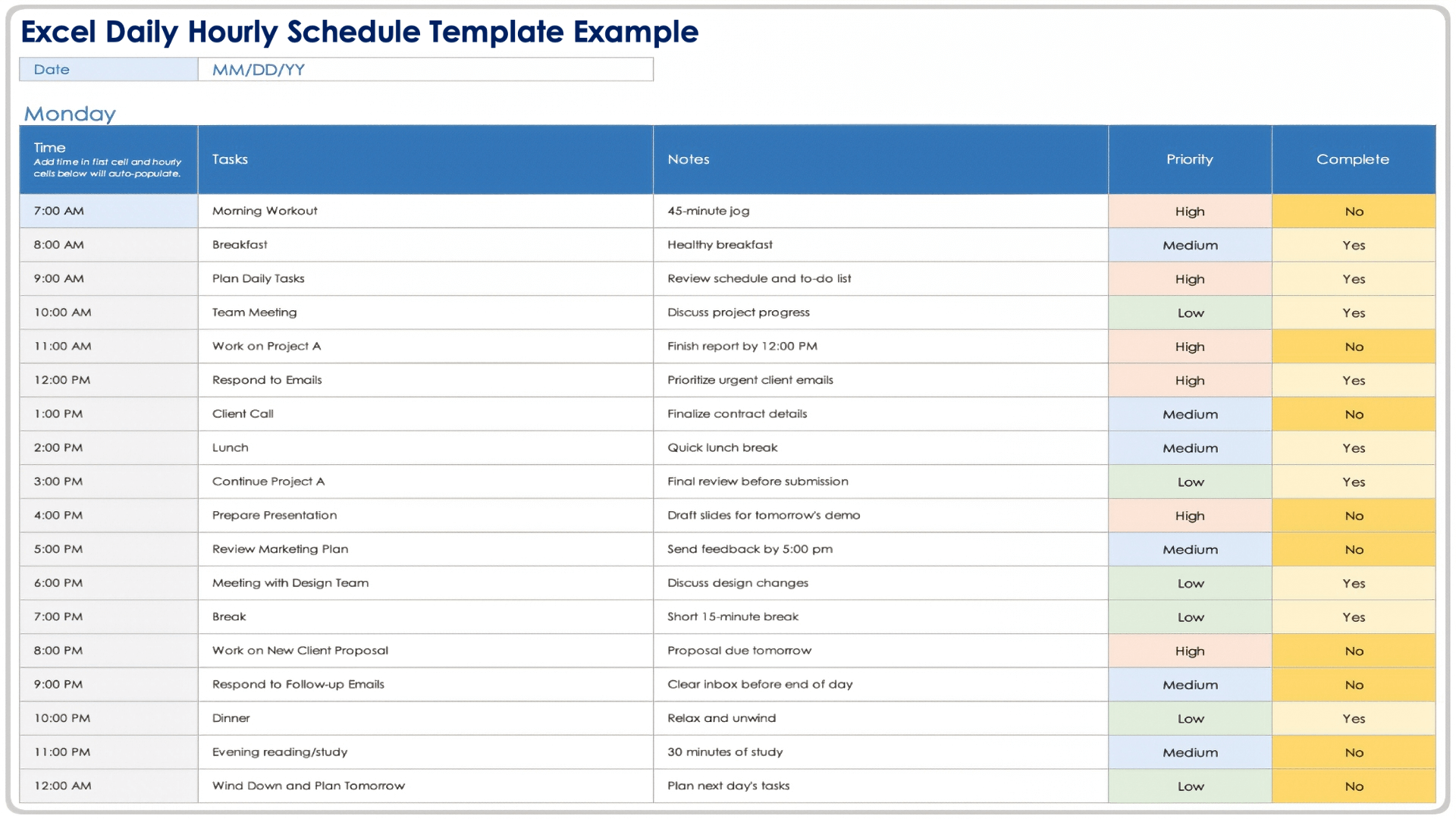 Excel Daily Hourly Schedule Template