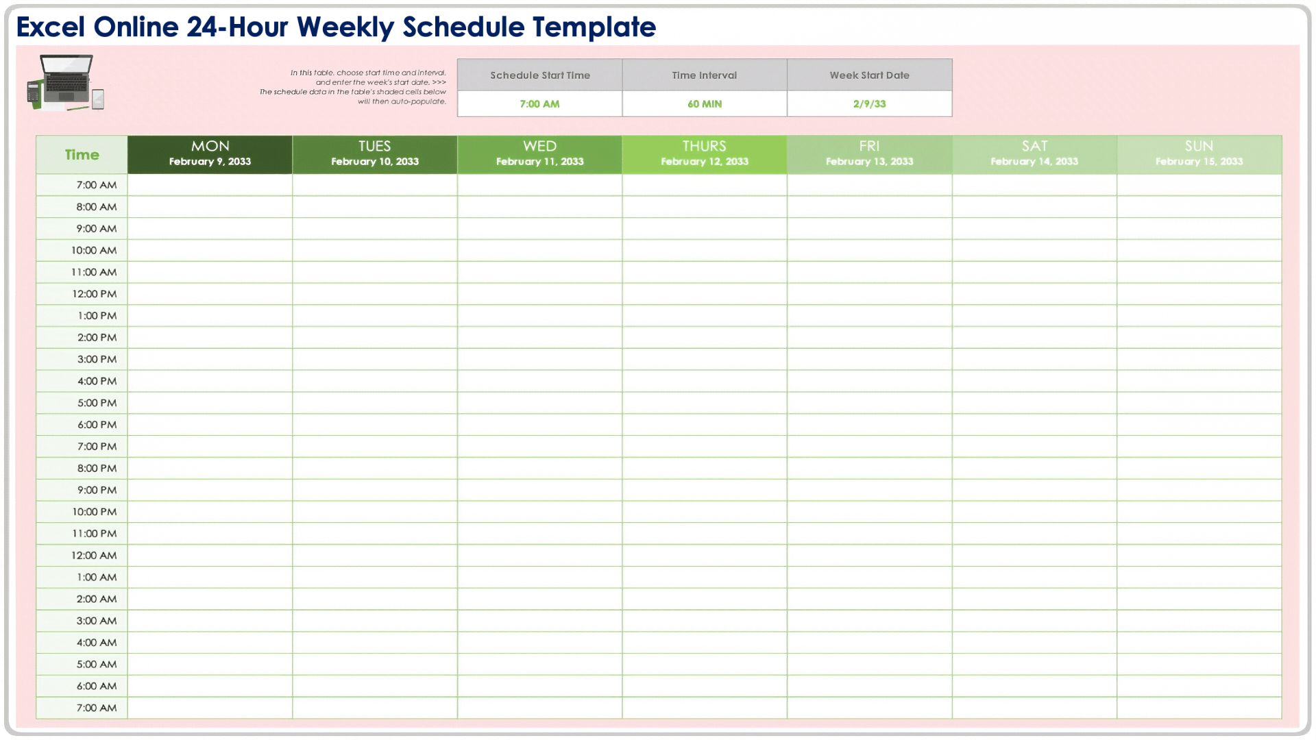 Excel Online 24 Hour Weekly Schedule Template