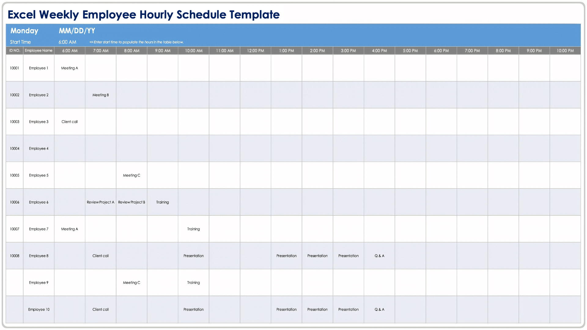 Excel Weekly Employee Hourly Schedule Template