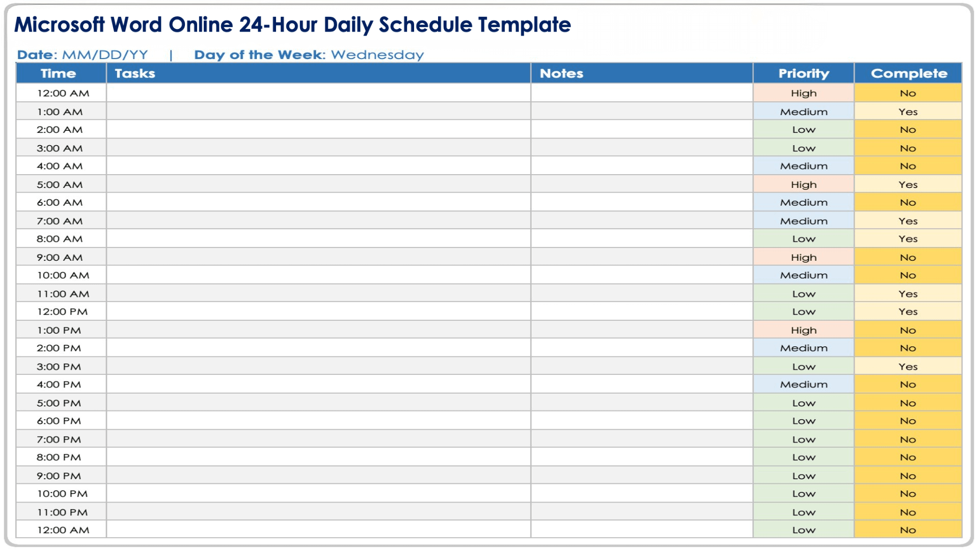 Microsoft Word Online 24 Hour Daily Schedule Template