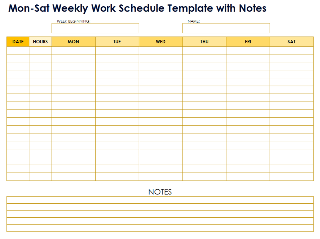 Mon Sat Weekly Work Schedule Template with Notes for Excel