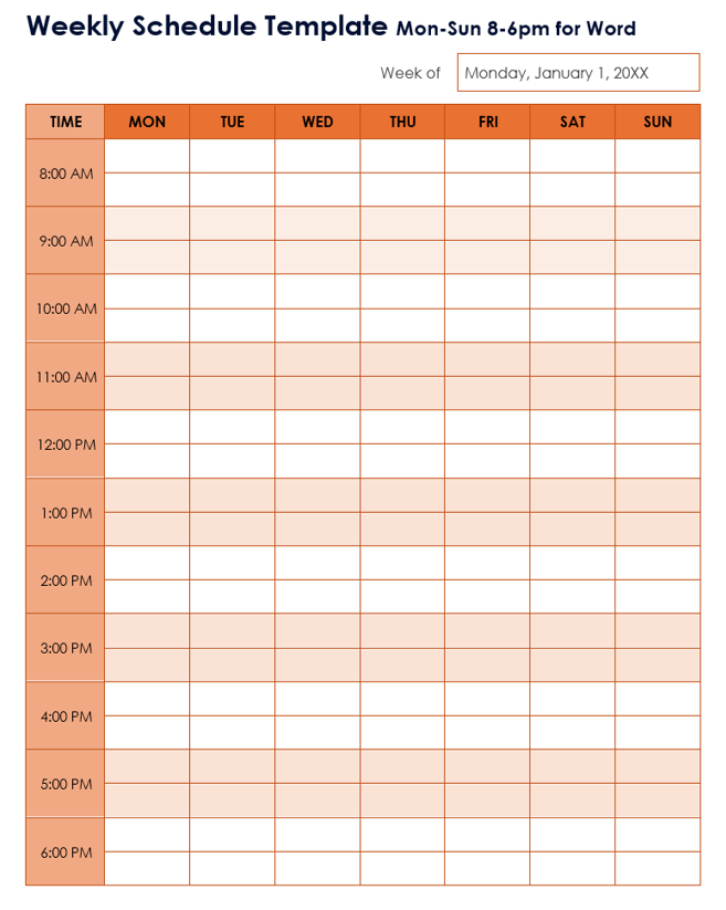 Weekly Schedule Template Mon-Sun 8-6pm