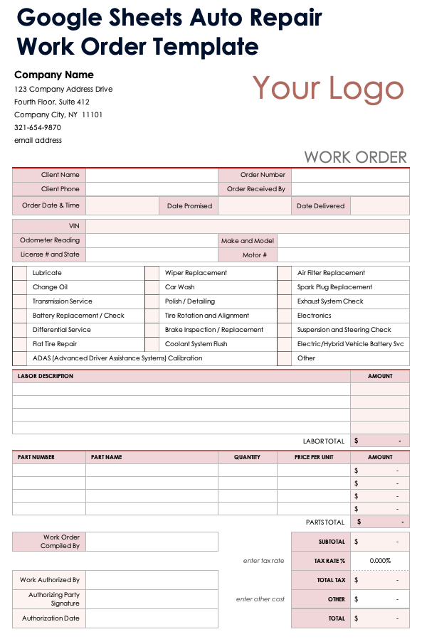 Google Sheets Auto Repair Work Order Template