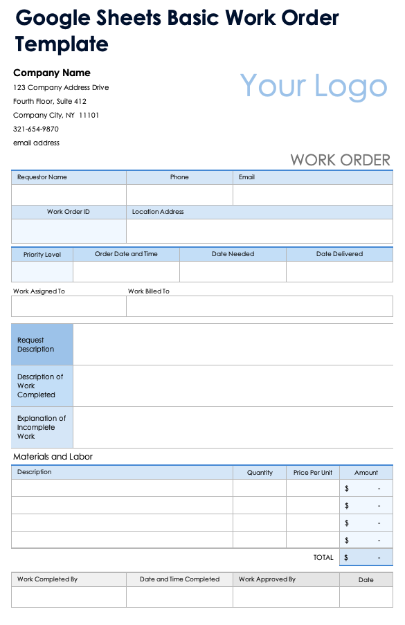 Google Sheets Basic Work Order Template