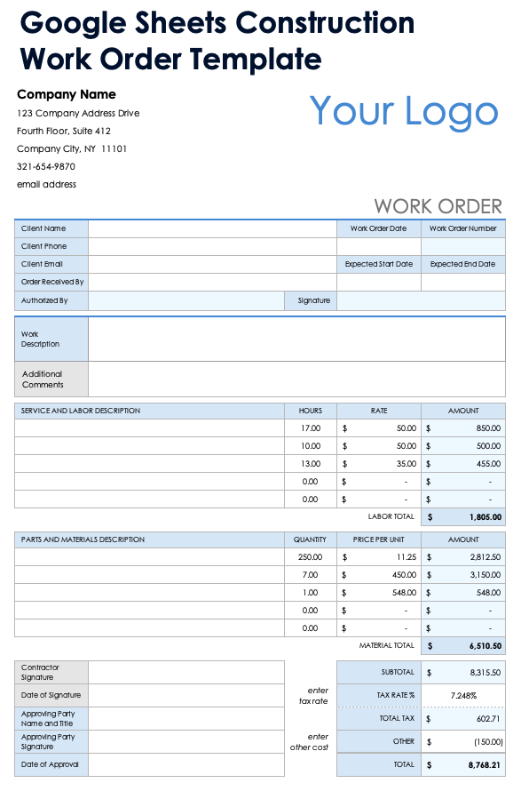 Google Sheets Construction Work Order Template