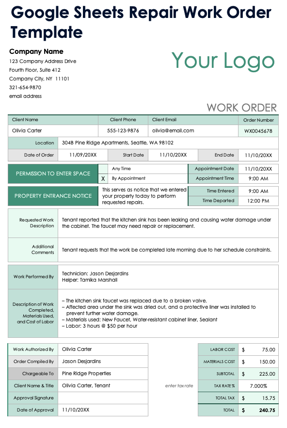 Google Sheets Repair Work Order Template