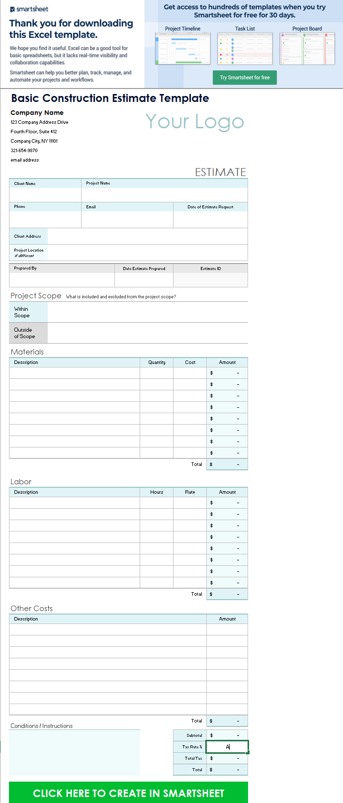 Construction Estimate Example